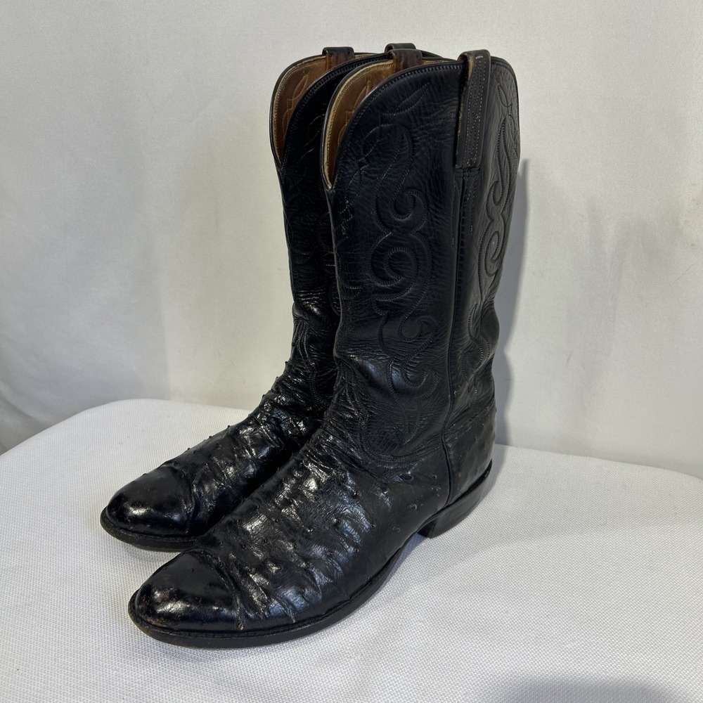 VTG Lucchese Cowboy Boots Mens Size 9.5 D Black Ostrich Quills Rare USA
